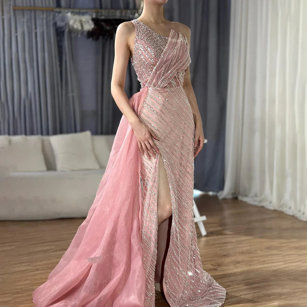 2025 Blue One Shoulder Split Saudi Evening Gown with Beaded Side Overskirt Dress for Formal Occasion LA72732