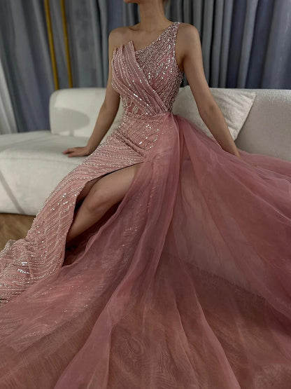 2025 Blue One Shoulder Split Saudi Evening Gown with Beaded Side Overskirt Dress for Formal Occasion LA72732
