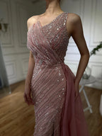 2025 Blue One Shoulder Split Saudi Evening Gown with Beaded Side Overskirt Dress for Formal Occasion LA72732