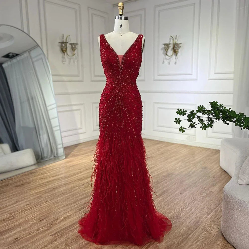 2025 Blue Spaghetti Strap Luxury Dubai Evening Gowns with Feathers and Beading for Women Wedding Party LA72525