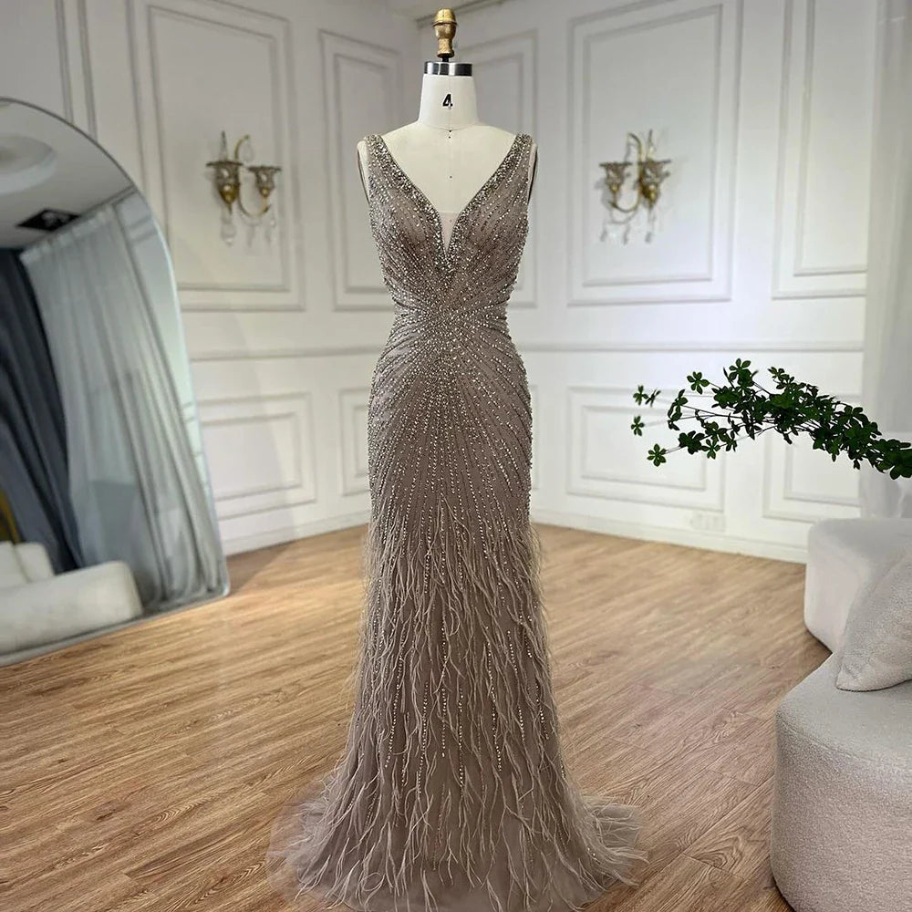 2025 Blue Spaghetti Strap Luxury Dubai Evening Gowns with Feathers and Beading for Women Wedding Party LA72525