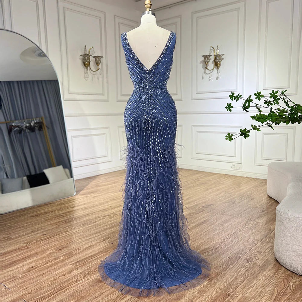 2025 Blue Spaghetti Strap Luxury Dubai Evening Gowns with Feathers and Beading for Women Wedding Party LA72525