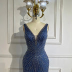 2025 Blue Spaghetti Strap Luxury Dubai Evening Gowns with Feathers and Beading for Women Wedding Party LA72525