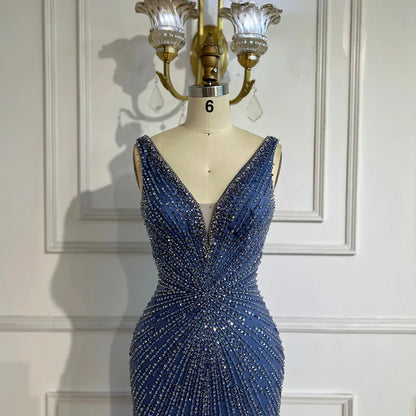 2025 Blue Spaghetti Strap Luxury Dubai Evening Gowns with Feathers and Beading for Women Wedding Party LA72525