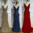 2025 Blue Spaghetti Strap Luxury Dubai Evening Gowns with Feathers and Beading for Women Wedding Party LA72525