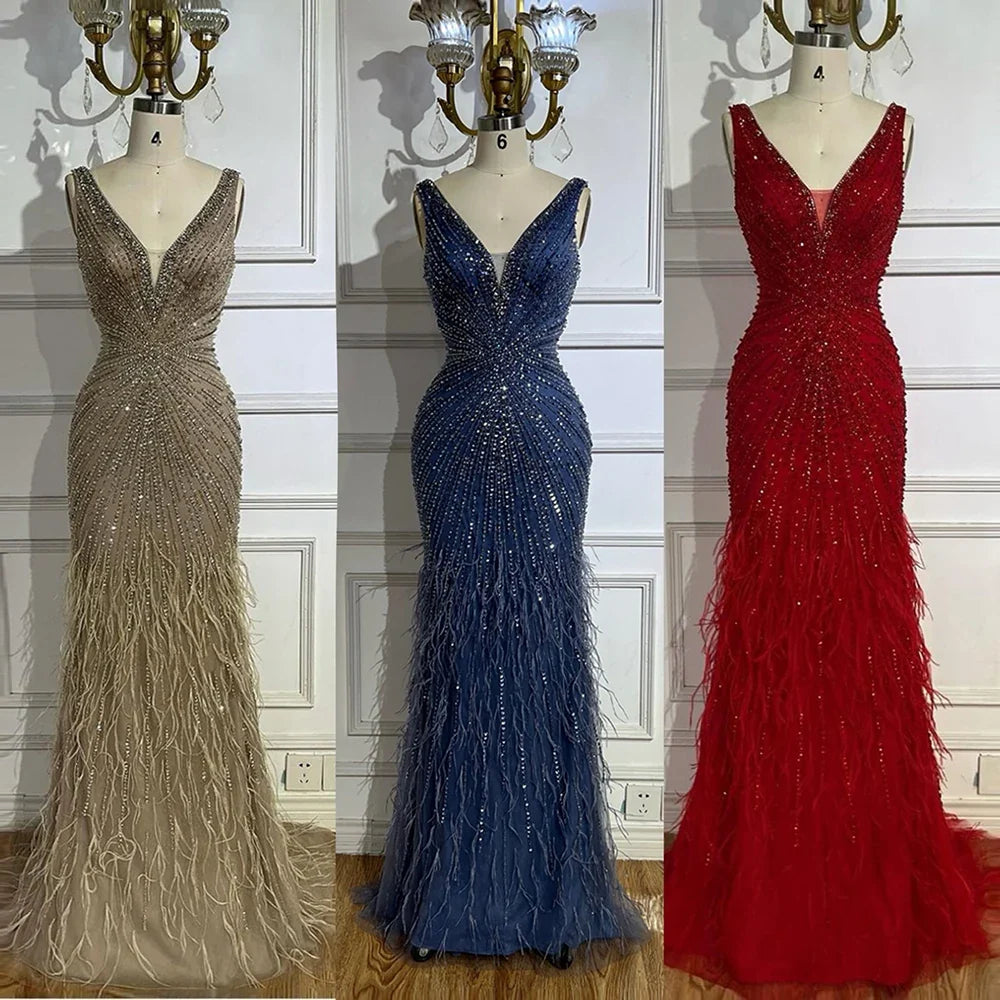 2025 Blue Spaghetti Strap Luxury Dubai Evening Gowns with Feathers and Beading for Women Wedding Party LA72525