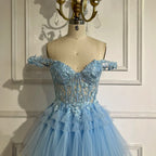 2025 Blue Spaghetti Strap Tiered A-Line Lace Appliques Lace-Up Luxury Prom Dress for Women's Party LA72621
