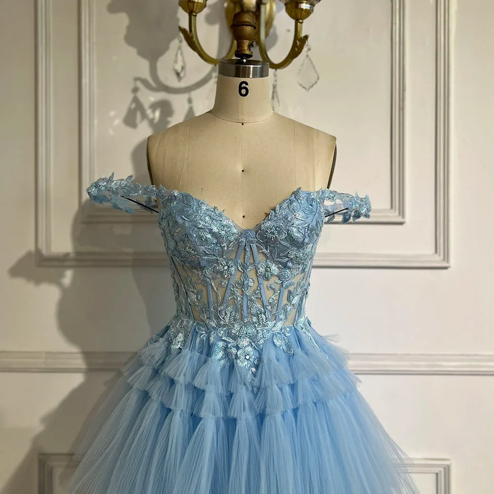 2025 Blue Spaghetti Strap Tiered A-Line Lace Appliques Lace-Up Luxury Prom Dress for Women's Party LA72621