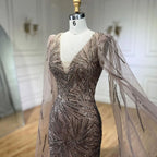 2025 Caramel Mermaid Cape Sleeves Beaded Sequined Luxury Dubai Evening Dresses Gowns for Women Wedding Party LA72428
