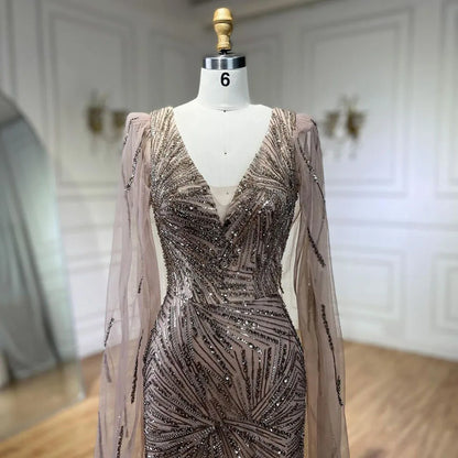 2025 Caramel Mermaid Cape Sleeves Beaded Sequined Luxury Dubai Evening Dresses Gowns for Women Wedding Party LA72428
