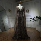 2025 Caramel Mermaid Cape Sleeves Beaded Sequined Luxury Dubai Evening Dresses Gowns for Women Wedding Party LA72428