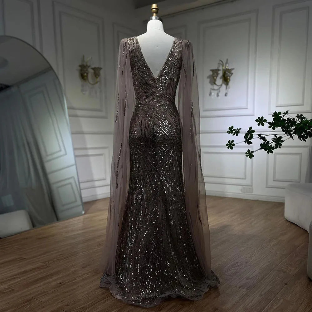 2025 Caramel Mermaid Cape Sleeves Beaded Sequined Luxury Dubai Evening Dresses Gowns for Women Wedding Party LA72428