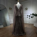 2025 Caramel Mermaid Cape Sleeves Beaded Sequined Luxury Dubai Evening Dresses Gowns for Women Wedding Party LA72428