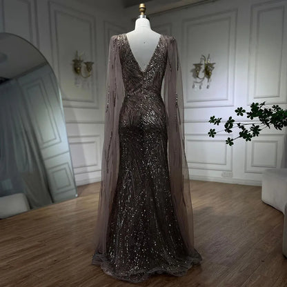 2025 Caramel Mermaid Cape Sleeves Beaded Sequined Luxury Dubai Evening Dresses Gowns for Women Wedding Party LA72428