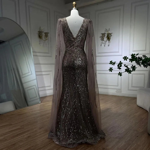 2025 Caramel Mermaid Cape Sleeves Beaded Sequined Luxury Dubai Evening Dresses Gowns for Women Wedding Party LA72428
