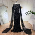 2025 Dubai Arabic Green Mermaid Elegant Cape Sleeves Beaded Luxury Evening Dresses Gowns Women Wedding Party LA72437