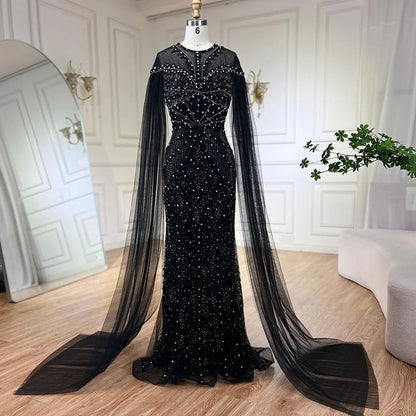 2025 Dubai Arabic Green Mermaid Elegant Cape Sleeves Beaded Luxury Evening Dresses Gowns Women Wedding Party LA72437