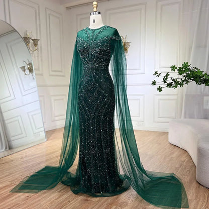 2025 Dubai Arabic Green Mermaid Elegant Cape Sleeves Beaded Luxury Evening Dresses Gowns Women Wedding Party LA72437