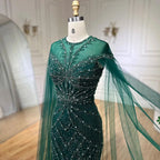 2025 Dubai Arabic Green Mermaid Elegant Cape Sleeves Beaded Luxury Evening Dresses Gowns Women Wedding Party LA72437