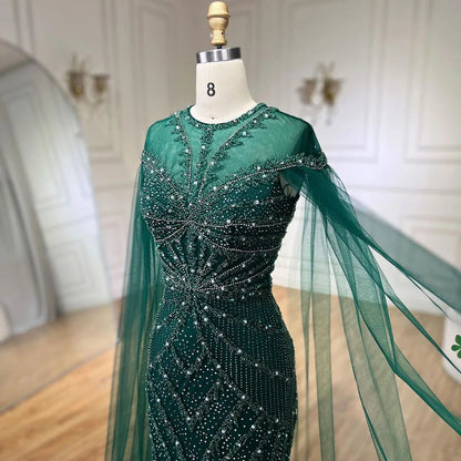 2025 Dubai Arabic Green Mermaid Elegant Cape Sleeves Beaded Luxury Evening Dresses Gowns Women Wedding Party LA72437