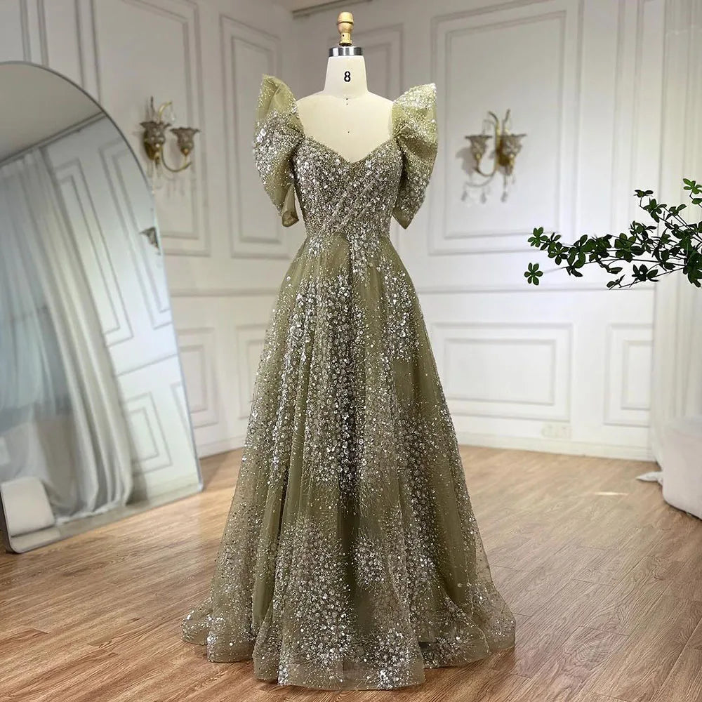 Glitzerndes Limettengrünes Luxus-Abendkleid aus Dubai, Verlobung, Arabisch, LA72447