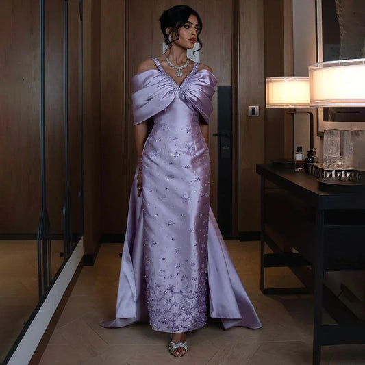 Lilac Off Shoulder Lilac Abendkleid mit Cape Perlenbesetztes Brautkleid LA72529