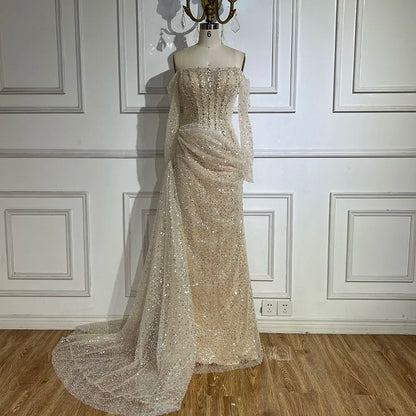 2025 Dubai Nude Strapless Mermaid Dress with Overskirt Beaded Luxury Evening Gown for Women Wedding Party LA72291
