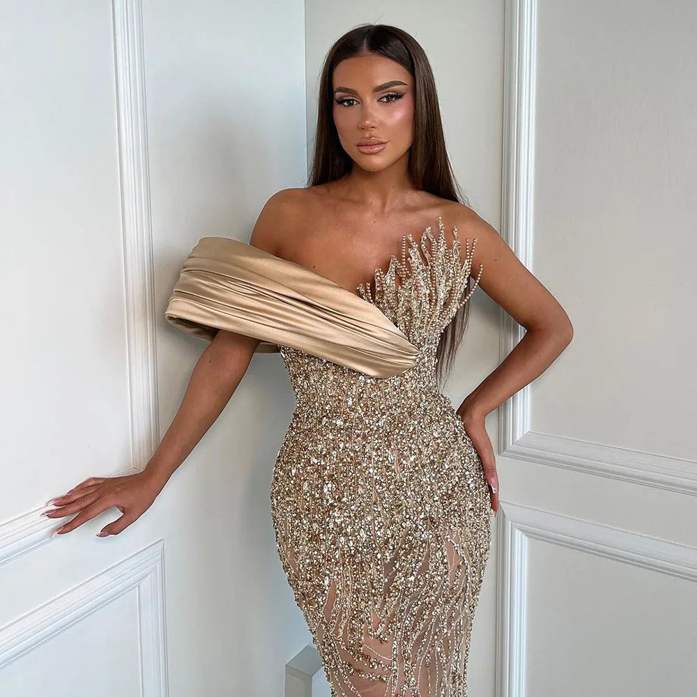 2025 Elegant Caramel  One Shoulder Saudi Arabic Evening Gown with Beaded Dress for Formal Occasion LA72577