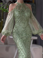 Elegante vestido de noche de sirena verde salvia con cuello halter y cuentas, para ocasiones formales, Arabia Saudita, LA72737, 2025 