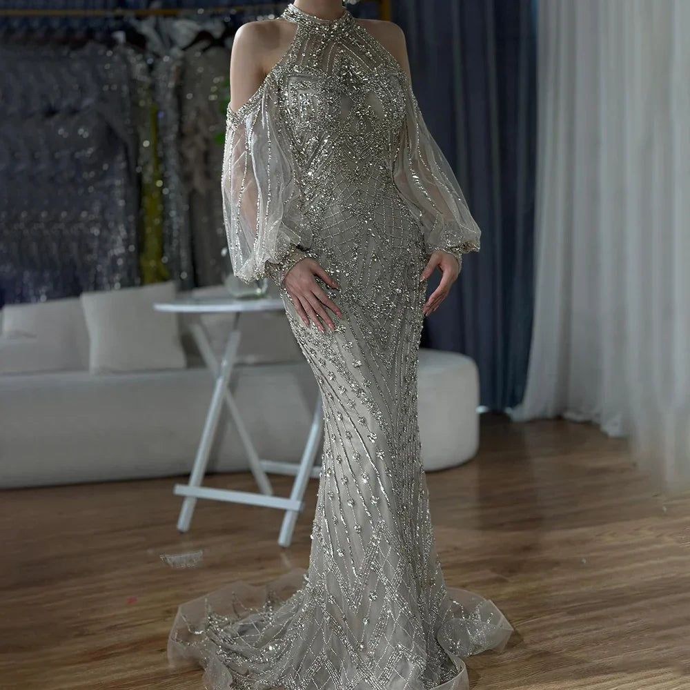 Elegante vestido de noche de sirena verde salvia con cuello halter y cuentas, para ocasiones formales, Arabia Saudita, LA72737, 2025 