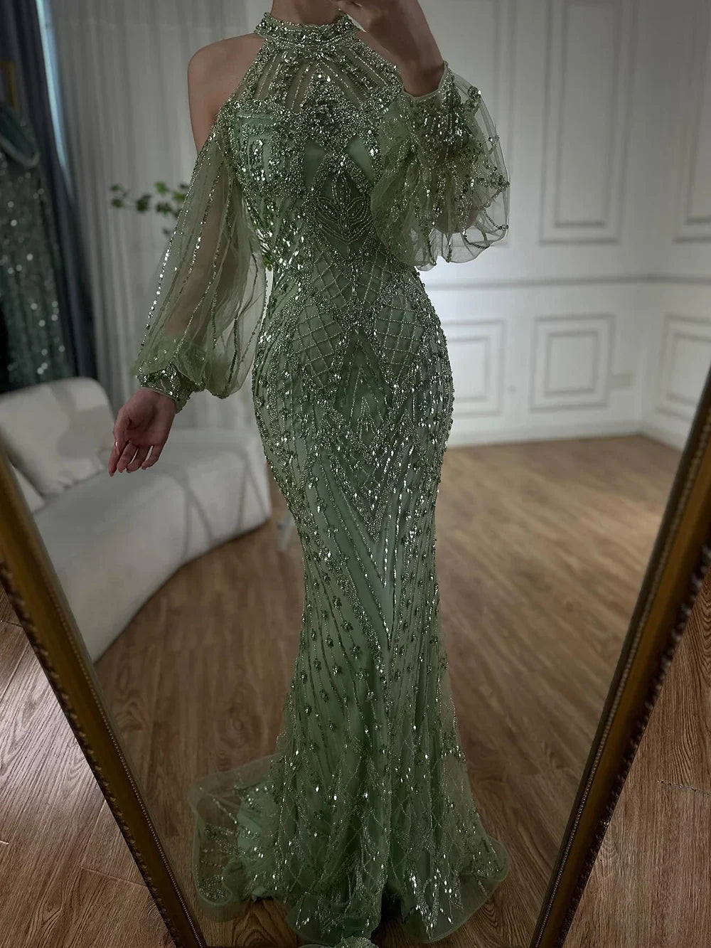 Elegante vestido de noche de sirena verde salvia con cuello halter y cuentas, para ocasiones formales, Arabia Saudita, LA72737, 2025 