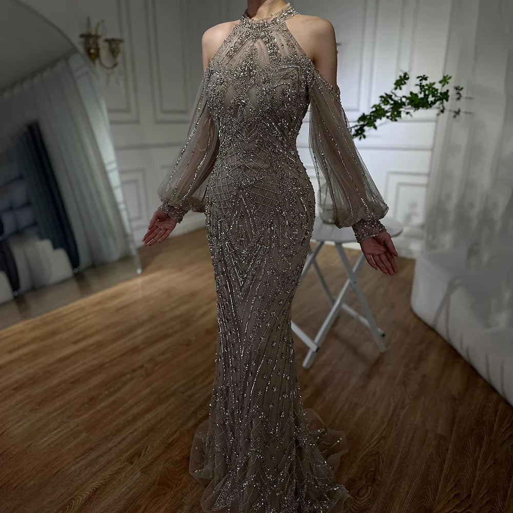 Elegante vestido de noche de sirena verde salvia con cuello halter y cuentas, para ocasiones formales, Arabia Saudita, LA72737, 2025 