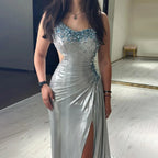 2025 Elegant Silver One-Shoulder Beaded Mermaid Luxury Dubai Evening Gown with Side Split for Women's Party LA72672