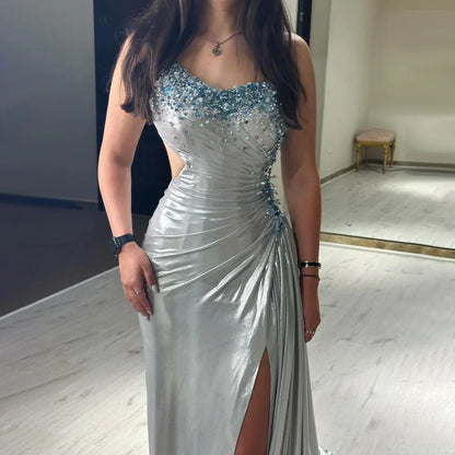 2025 Elegant Silver One-Shoulder Beaded Mermaid Luxury Dubai Evening Gown with Side Split for Women's Party LA72672