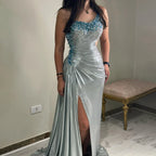 2025 Elegant Silver One-Shoulder Beaded Mermaid Luxury Dubai Evening Gown with Side Split for Women's Party LA72672