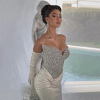 2025 Elegant White Arabic Strapless Evening Gown with Crystal Beaded Dress and Gloves for Formal Occasion LA72758