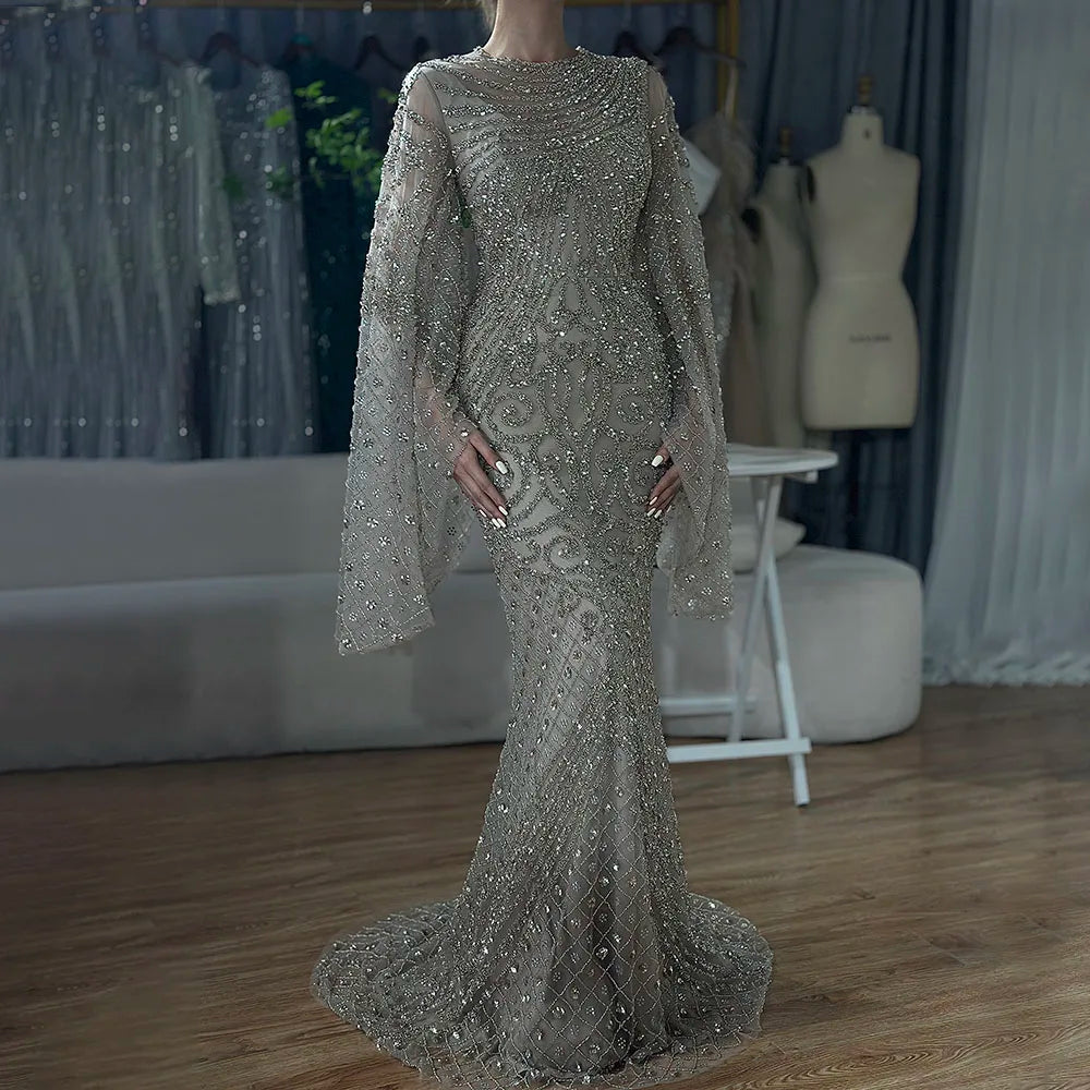 2025 Flared Sleeves Caramel Beaded Luxury Saudi Arabic Mermaid Evening Dresses Gowns for Formal Occasion LA72771