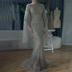 2025 Flared Sleeves Caramel Beaded Luxury Saudi Arabic Mermaid Evening Dresses Gowns for Formal Occasion LA72771