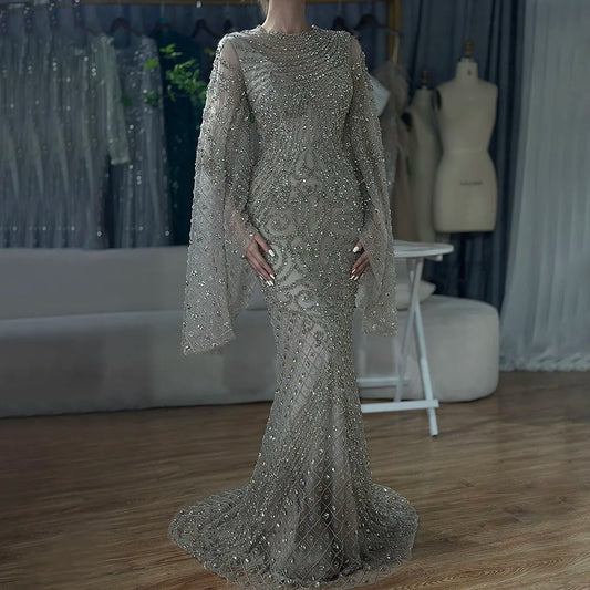 2025 Flared Sleeves Caramel Beaded Luxury Saudi Arabic Mermaid Evening Dresses Gowns for Formal Occasion LA72771