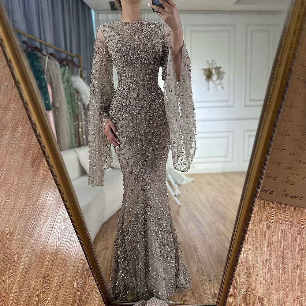 2025 Flared Sleeves Caramel Beaded Luxury Saudi Arabic Mermaid Evening Dresses Gowns for Formal Occasion LA72771