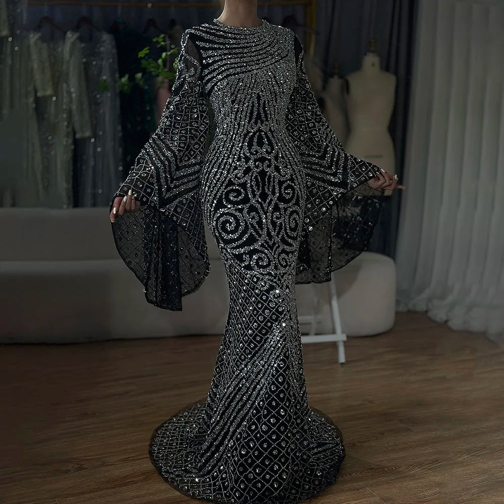 2025 Flared Sleeves Caramel Beaded Luxury Saudi Arabic Mermaid Evening Dresses Gowns for Formal Occasion LA72771