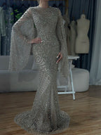 2025 Flared Sleeves Caramel Beaded Luxury Saudi Arabic Mermaid Evening Dresses Gowns for Formal Occasion LA72771