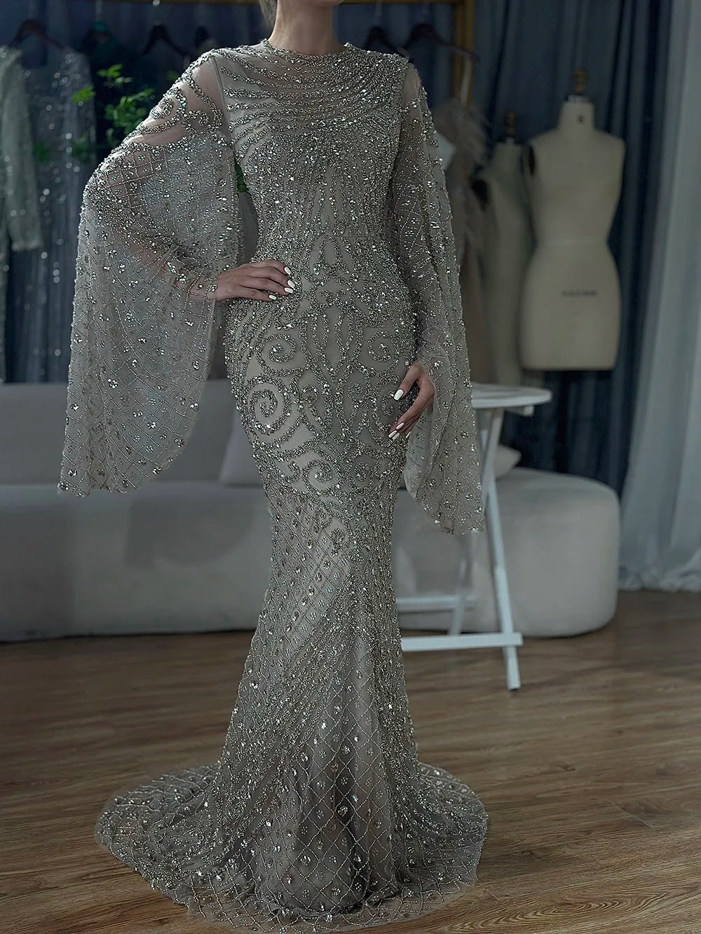 2025 Flared Sleeves Caramel Beaded Luxury Saudi Arabic Mermaid Evening Dresses Gowns for Formal Occasion LA72771