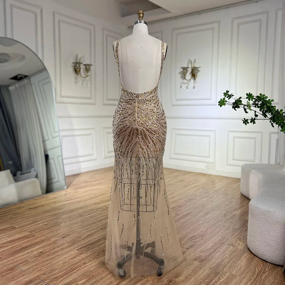 2025 Gold Backless Spaghetti Strap Mermaid Beaded Luxury Evening Dresses Gowns for Women Wedding Party LA72615