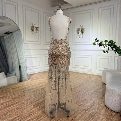 2025 Gold Backless Spaghetti Strap Mermaid Beaded Luxury Evening Dresses Gowns for Women Wedding Party LA72615