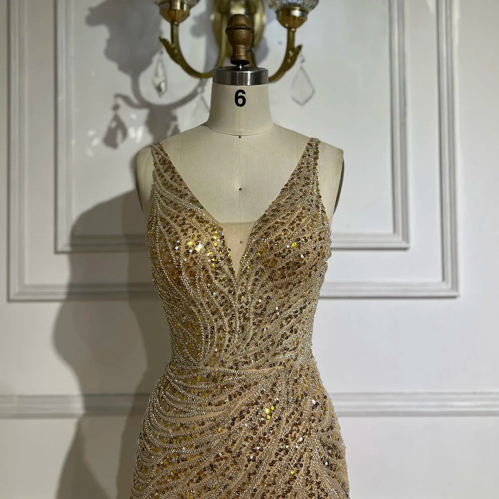 2025 Gold Backless Spaghetti Strap Mermaid Beaded Luxury Evening Dresses Gowns for Women Wedding Party LA72615