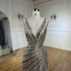 2025 Gold Mermaid Spaghetti Strap Side Split Beaded Luxury Evening Dresses Gowns for Women Wedding Party LA72613