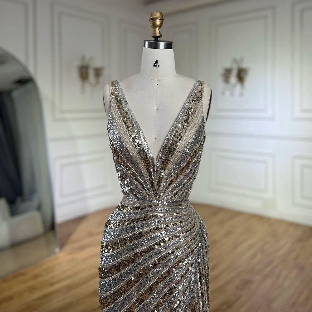 2025 Gold Mermaid Spaghetti Strap Side Split Beaded Luxury Evening Dresses Gowns for Women Wedding Party LA72613