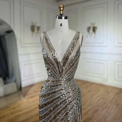 2025 Gold Mermaid Spaghetti Strap Side Split Beaded Luxury Evening Dresses Gowns for Women Wedding Party LA72613
