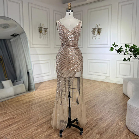 2025 Gold Mermaid Spaghetti Strap Side Split Beaded Luxury Evening Dresses Gowns for Women Wedding Party LA72614
